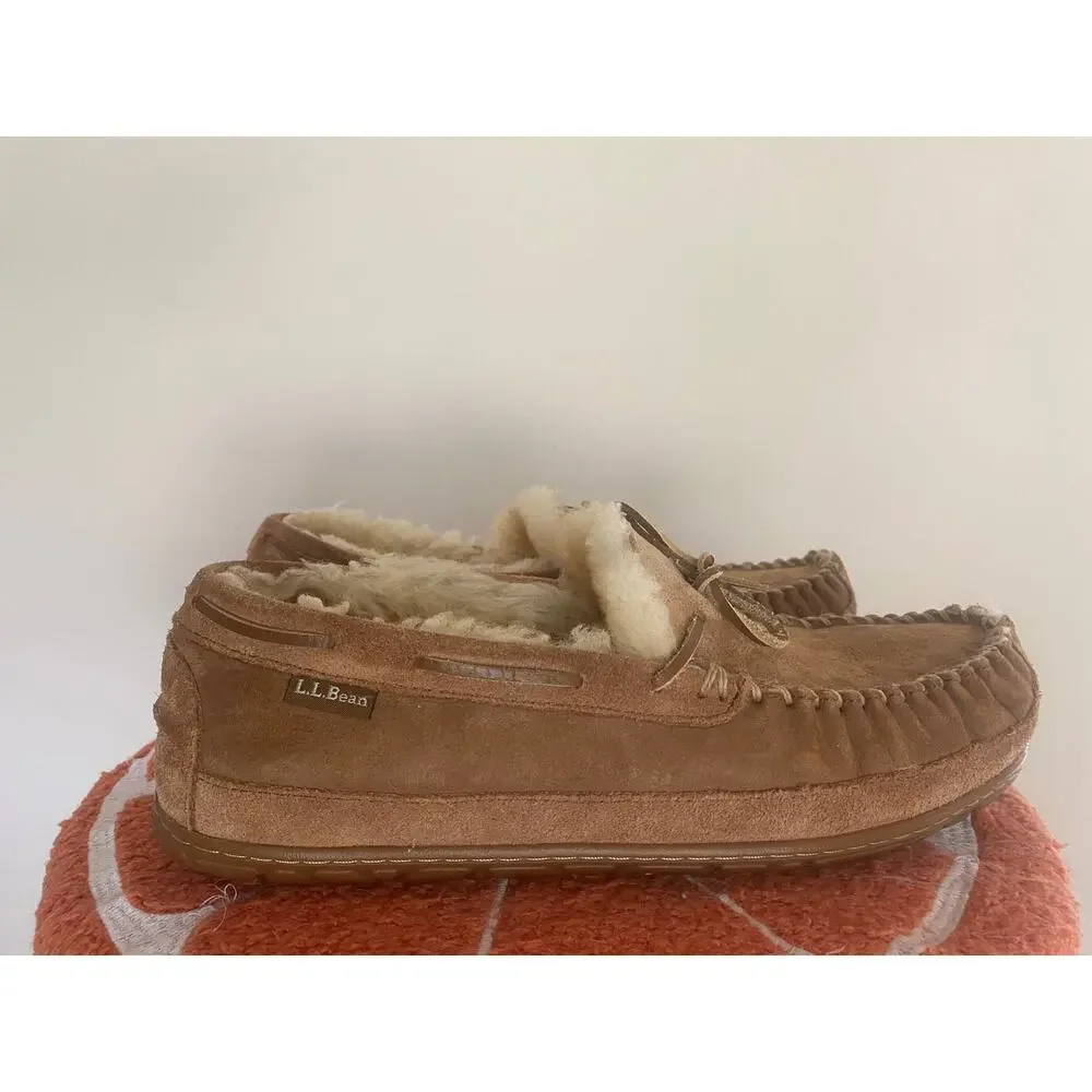 LL Bean Wicked Good Moccasins Mens Suede/ Dyed Lambs Fur Slippers Tan 11 Wide